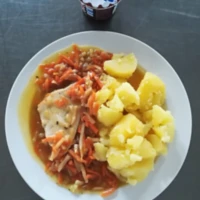 Fotografie jídla Krůtí prsa na zelenině, vařený brambor