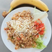 Fotografie jídla Rizoto s králičím masem a zeleninou, strouhaný sýr, zeleninová přízdoba